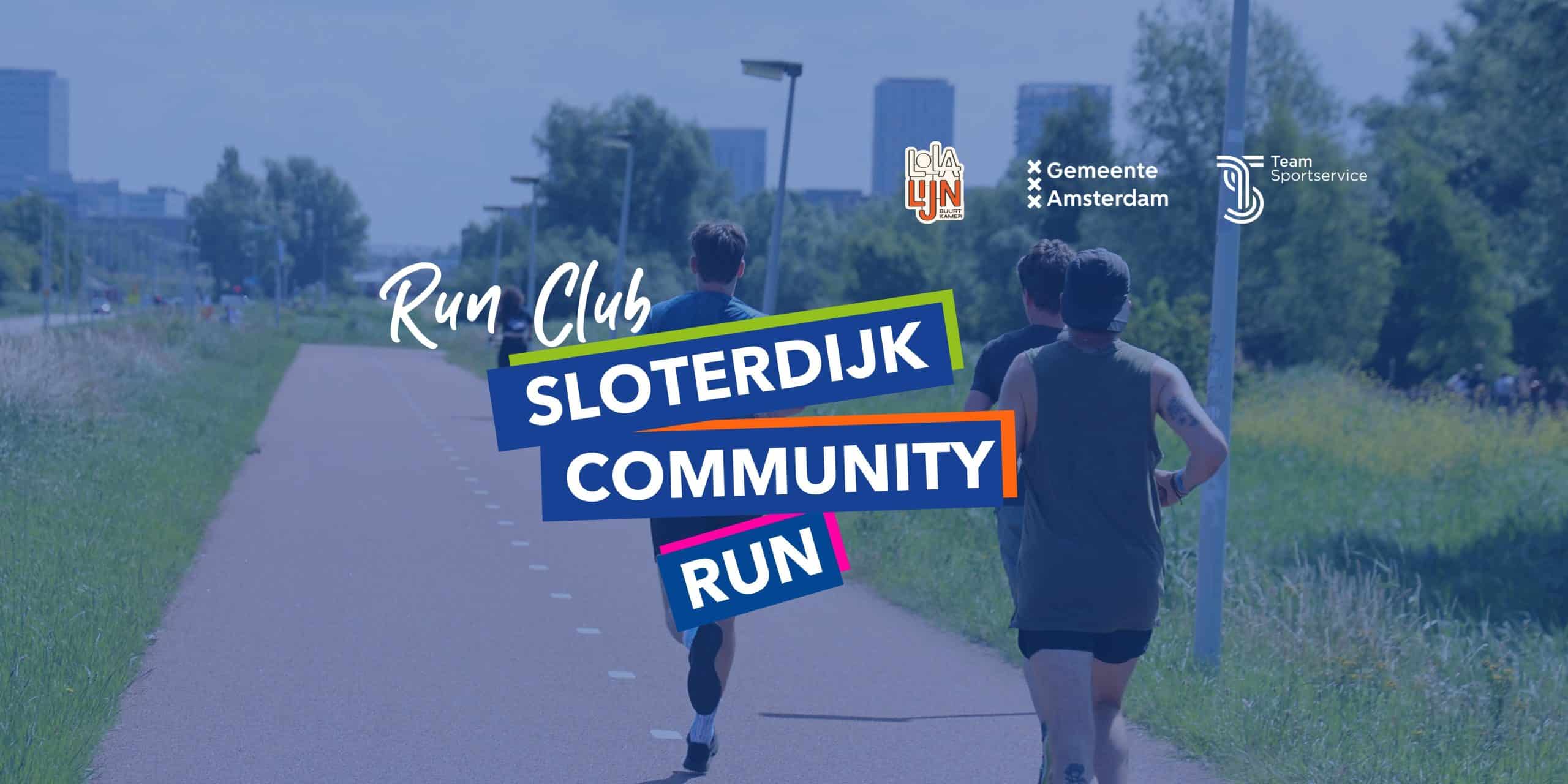 Sloterdijk Community Run logo met hardlopende mensen op de achtergrond